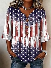  día de la independencia americana Mujer Blusa Retazos Botones Estampado Graphic Bandera estadounidense Vintage Elegante Media Manga Escote en Pico Tops regulares Casual Diario Festivos Azul Piscina