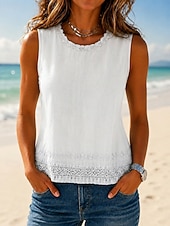 baratos Tanque Simples-Mulheres Camisa Social Blusa Franzido Bordado Vintage Sem Manga Gola Redonda Tops regulares Azul Branco Amarelo Azul Marinha Verão Primavera