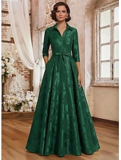 abordables Longueur du plancher-Ligne A Longueur au sol Robe de Cérémonie Robe de soirée Robe de Mère de Mariée  Manche 3/4 Col de chemise Élégant ancien Formel robe demoiselle d honneur Soirée Formelle Satin Jacquard avec Noeud(s