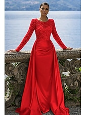 economico Abiti da ballo-Sirena Tromba Lunghezza al pavimento Abito da Sera Elegante Brillare &amp; Splendere Manica Lunga Scollo Illusione Carnevale Mascherata Abito Champagne per la Madre della Sposa Raso Con Paillettes con