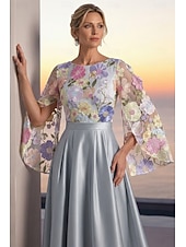 preiswerte A-Linie Abendkleider-A-Linie Bodenlang Perlenbestickt Abendkleid Kleid der Brautmutter Abendkleid Ballkleid Festliche Kleidung Elegant Farbblock Langarm Rundhalsausschnitt Hochzeit Formell Tasche Satin Spitze Tiefer