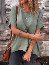 cheap Plain tee-Women's Tee Top Solid Color Vintage Stylish Casual Short Sleeve Boat Neck Regular Tops Daily Going out Vacation Wear Khaki Navy Blue Olive Mint Green Dark Green Summer Spring