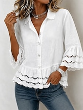 economico Bluse Semplici-Per donna Blusa Bottoni Bordo in pizzo Tinta unica Elegante Vacanza Casual Manica 3/4 Colletto a Camicia Top Regolari Quotidiano Blu Bianco Estate Primavera Autunno
