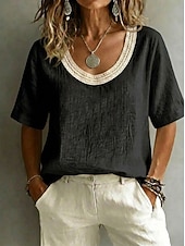 preiswerte Spitzenoberteile-Damen Bluse Spitzentops Spitze Einfarbig Elegant Vintage Kurzarm U-Ausschnitt Normale Oberteile Lässig Strand Sommer Schwarz Weiß Rosa Himmelblau Grün Sommer Frühling