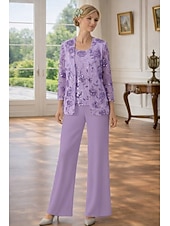 cheap Mom's Pant Suits-3 Piece Pantsuit Floor Length Mother of the Bride Dress Sleeveless 3/4 Length Sleeve Scoop Neck Elegant Simple Embellished Formal Wedding Guest Formal Evening Chiffon Sequined with Sequin