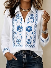 cheap Floral Blouses-Women's Shirt Blouse Ruched Patchwork Embroidered Floral Graphic Vintage Casual Long Sleeve Shirt Collar Regular Tops Casual Daily Blue White Pink Gray Summer Spring Fall Winter