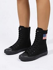 Women's White Patriotic High Top Canvas Sneakers – USA Flag Canvas Lace-Up Boots for Independence Day, Parade & Casual Streetwear
