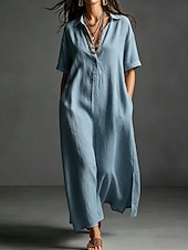 cheap Dresses-Women's Maxi long Dress Linen Dresses Elegant Vacation Loose Fit Plain Short Sleeve Shirt Collar Summer