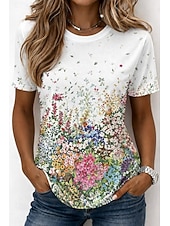 preiswerte Blumen-T-Shirt-Damen T Shirt Druck Blumen Grafik Pflanzen Bohemien Hawaiianisch Stilvoll Kurzarm Rundhalsausschnitt Rundhals Normale Oberteile Lässig Täglich Weiß Weiß 2 Weiß 3 Sommer Frühling Herbst