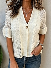 economico Bluse Semplici-Per donna Camicia Blusa Traforato Bottoni Tinta unica Semplice Vintage Elegante Casual Manica Corta Scollo a V Top Regolari Casuale Quotidiano Nero Bianco Rosa Verde Estate Primavera