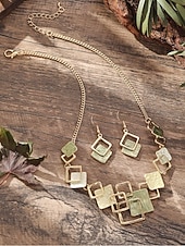 cheap Women's Necklace-Women's Bohemian Geometric Square Jewelry Set, Gold Alloy Enamel Necklace &amp; Drop Earrings, Colorful Modern Statement Accessories for Vacation, Travel and Daily Casual Wear