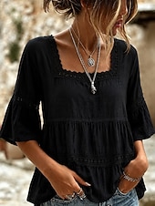  Festival de Música Mulheres Blusa Renda Patchwork Guarnição do laço Côr Sólida Diário à moda Básico Manga 3/4 Decote Quadrado Tops longos Casual Diário Preto Branco Azul Céu Verde Verão Primavera