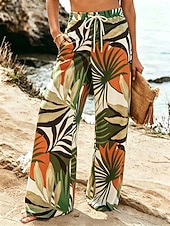 abordables Pantalones Gráficos-Mujer Perneras anchas Chinos Pantalones casuales Pantalones Vacaciones Moda Boho Longitud total Media cintura Plantas Bolsillo Cintura elástica Estampado Confortable Comodidad Transpirabilidad Rígido