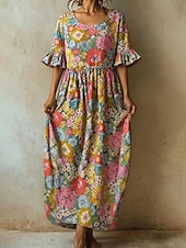 ieftine Rochii florale-Pentru femei Rochie Maxi Rochie casual Rochie A line Elegant Vacanță Stilat Plajă Concediu Fit regulat Floral Grafic Manșon Jumate Stil Nautic Roz Îmbujorat Vară Primăvară