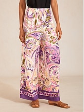 abordables Pantalons-pantalon large en satin soyeux à motif cachemire lavande