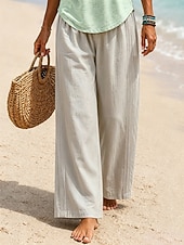  Women's Linen Pants Trousers Summer Pants Baggy Pants Vacation Basic Casual Full Length High Waist Plain Pocket Wide Leg Elastic Waistband Soft Comfortable Breathable Stretchy Beach Holiday Blue