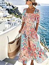  Damskie Sukienka midi Codzienne sukienki Sukienka A line Elegancja Urlop Elegancki Plaża Święto Regularny Kwiaty Graficzny Rękaw 1/2 Półgolf Niebieski Czerwony Pomarańczowy Lato Wiosna
