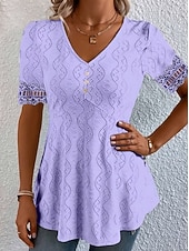  Mulheres Blusa Textura Elegant Elegante Boêmia Vintage Manga Curta Decote V Tops curtos Casual Diário Para Noite Damasco rosa Preto Branco Rosa Roxo Verão Primavera