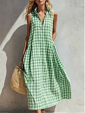 economico Abiti a Strisce e Geometrici-Per donna Abito maxi Abito Boho Vintage Vacanza Vestibilità comoda Plaid Senza Maniche Colletto a Camicia Blu chiaro Giallo Verde chiaro Rosso Estate