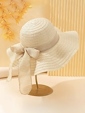 abordables Chapeaux pour femmes-Chapeau de soleil bohème en paille pour femme, chapeau de plage pliable multicolore avec nœud papillon, chapeau à larges bords portable pour une tenue décontractée