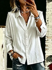  Mulheres Camisa de renda Blusa Guarnição do laço Côr Sólida Tecido Elegante Boêmia Manga Longa Lapela Tops regulares Branco Azul Céu Violeta Verão Primavera