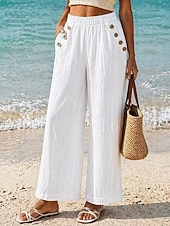 abordables Pantalones de pierna recta-Mujer Perneras anchas Chinos Corte Recto Vacaciones Moda Ropa de calle Longitud total Alta cintura Plano Bolsillo Cintura elástica Confortable Suave Cómodo Microelástico Exterior Vacaciones Calle