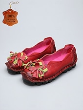 abordables Ballerines femme-Ballerines confortables en cuir de vachette rouge premium pour femme - légères et confortables toute la journée, ornées d'appliqués floraux faits main, avec semelle antidérapante, idéales pour la