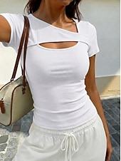 economico T-shirt semplice-Per donna Maglietta Patchwork Taglio A coste Elegante Moda Manica Corta Asimmetrico Top Regolari Casuale Quotidiano Uscire Blu Nero Bianco Blu marino Marrone Estate Primavera