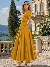 cheap Cocktail Dresses-A-Line Ankle Length Cocktail Dresses Party Dresses Elegant Silky Short Sleeve One Shoulder Wedding Formal Pink Dress Satin with Bow(s)