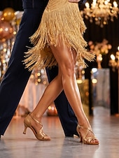 economico Scarpe per balli latini-Scarpe da ballo latino-americano da donna color champagne - eleganti scarpe da salsa con cinturino incrociato &amp;Sandali da tango con suola in finta pelle scamosciata per balli da sala, salsa, tango,