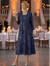 preiswerte Mamas Kleidersets-Zweiteilig A-Linie Knöchellänge Tee-Länge Kleid für Hochzeitsgäste Brautmutterkleid Ärmellos Langarm Rundausschnitt Elegant luxuriös Glanz &amp; Glamour Formell Hochzeitsgast Chiffon Paillettenbesetzt mit
