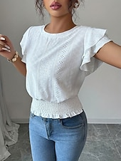 economico Bluse Semplici-Per donna Camicia traforata Top traforato Camicia con volant Traforato Tinta unica Vintage Elegante Senza Maniche Top Regolari Casuale Bianco Rosa Azzurro Estate Primavera