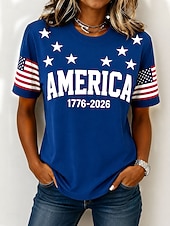  Dia da Independência Americana Mulheres Camiseta Imprimir Gráfico Bandeira Letra Vintage Moda à moda Manga Curta Gola Redonda Tops regulares Casual Diário Final de semana Azul Preto Verão Primavera