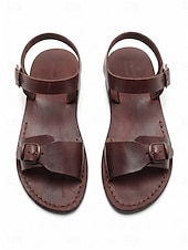 economico Sandali Piani-Sandali piatti da donna in pelle marrone con cinturino regolabile alla caviglia - classici sandali estivi con doppia fibbia per passeggiate e viaggi informali