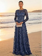 cheap Floor Length-A-Line Dress Floor Length Party Dress Cocktail Dress Mother of the Bride Dress Long Sleeve Crew Neck Elegant Vintage Luxurious Formal Wedding Guest Engagement Party Lace Tulle with 3D Flowers Pleats