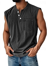  Men's Vintage Tank Top 100% Cotton Acid Wash Vest Top Undershirt Sleeveless Shirt Sleeveless Henley Summer Plain Fashion Designer Basic Pocket Buttons Vacation Street Black Top Tee for Men