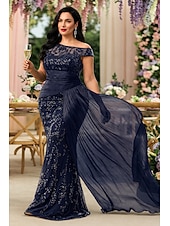 preiswerte Bodenlänge-Schlauchkleid Bodenlang Abschlussballkleid Perlenbestickt Partykleid Brautmutterkleid Kurzarm Rundhalsausschnitt Elegant Vintage luxuriös Formeller Abend Hochzeitsfeier mit Perlenstickerei
