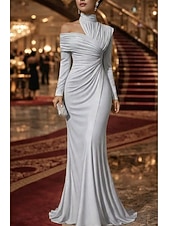 economico Abiti da Sera Sirena-Sirena Tromba Lunghezza al pavimento Abito da Sera Elegante Abito da sera stile impero Manica Lunga Collo Alto Festa serale Matrimonio Raso Elasticizzato con Pieghe Tinta unita