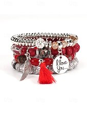 preiswerte Urlaubszubehör-Mehrlagiges Perlenarmband-Set im Boho-Stil für Damen – farbenfrohe Armbänder mit Quaste und Flügelanhänger für Freizeit und Strand.