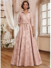abordables Longueur du plancher-Ligne A Longueur au sol Robe de Cérémonie Robe de soirée Robe de Mère de Mariée  Manche 3/4 Col de chemise Élégant ancien Formel robe demoiselle d honneur Soirée Formelle Satin Jacquard avec Noeud(s