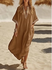 abordables Robe Simple-Femmes Robe maxi Robe Décontractée Robe d'été Basique Classique Quotidien Vacances Coupe Ample Uni Demi Manches Col en V Kaki Jaune Rose Claire Châtaigne Foncé Été Printemps