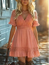 preiswerte Vestido Boho Ocidental-Women's Mini Dress Boho Dress Lace Dress Summer Dress Elegant Fashion Vacation Party Regular Fit Plain Short Sleeve V Neck Orange Summer Spring