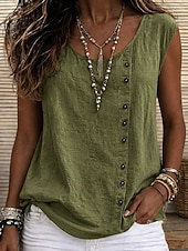  Dames Overhemden met linnenlook T-shirt Overhemd van imitatie linnen Knop Effen Kleur Modieus Stijlvol Klassiek Mouwloos Strakke ronde hals Vierkante hals Ronde hals Lange tops Casual Dagelijks