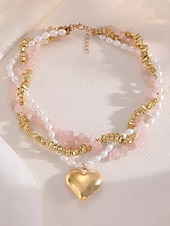 billiga Kvinnors halsband-Damhalsband med lager på lager och imitationspärlor, rosa stenar och guldpärlor, elegant chokerhänge för vardagsbruk, semester, trädgårdsfest och semiformella tillfällen