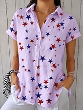  Amerikaanse onafhankelijkheidsdag Dames Overhemd Grafisch Ster Vintage Stijlvol Casual Korte mouw Overhemdkraag Normale tops Casual Dagelijks blauw Wit Paars Zomer Lente
