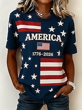  アメリカ独立記念日 女性用 Tシャツ プリント グラフィック レタード アメリカの国旗 ヴィンテージ ファッション カジュアル 半袖 クルーネック レギュラートップス カジュアル 日常 週末 ブルー カーキ色 インクブルー 夏 春