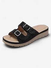 baratos Sandálias Confortáveis-Sandálias femininas marrons com fivela dupla e strass – chinelos de verão brilhantes e confortáveis com palmilha macia e acolchoada para pés inchados, ideais para férias. &amp;roupa casual para o dia a