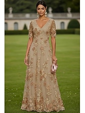 cheap Floor Length-A-Line Dress Floor Length Maxi Dress Party Dress Cocktail Dress Mother of the Bride Dress Short Sleeve V Neck Elegant Vintage Luxurious Formal Wedding Guest Kentucky Derby Chiffon Tulle with 3D