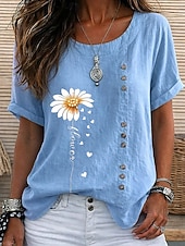 baratos Blusas Florais-Mulheres Blusa Botões Imprimir Floral Gráfico Vintage Tropical à moda Manga Curta Tops curtos Casual Feriado Azul Azul Marinha Laranja Verde Verão Primavera