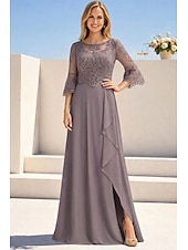 abordables Largo del piso-Corte A Hasta el Suelo Vestido Invitada Boda Vestido formal Vestido de noche Vestido de Madrina Manga Larga Cuello Barco Elegante Formal Invitado a la boda Noche formal Gasa con Un Color